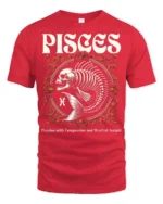 Striking Pisces Skeletal Fish Retro Typography Graphic Tee - red t-shirt on white background