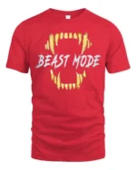 Powerful Beast Mode Golden Teeth Monster Graphic Tshirt - red t-shirt on white background