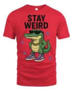 Cool Crocodile Wearing Sneakers Stay Weird Graphic Tee - red t-shirt on white background