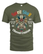 Festive Spirit Skull Native Feather Headdress Tshirt - military green t-shirt on white background