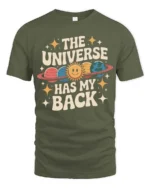 Charming Retro Planet The Universe Has My Back Graphic Tee - military green t-shirt on white background