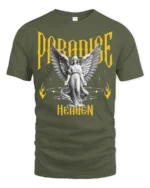 Devine Paradise Heaven Angelic Winged Sculpture Graphic Tee - military green t-shirt on white background