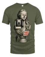 Thoughtful Blindfolded Statue Bust Photo Collage Graphic Tee - military green t-shirt on white background