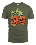 Eccentric Groovy Skull Cherry Halloween Novelty Graphic Tee - military green t-shirt on white background