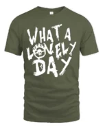 Dystopian Wasteland Flaming Skull Symbol Graphic Tee - military green t-shirt on white background