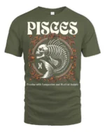 Striking Pisces Skeletal Fish Retro Typography Graphic Tee - military green t-shirt on white background