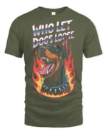 Fierce Who Let Dogs Loose Doberman Flame Graphic Tee - military green t-shirt on white background