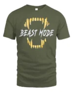 Powerful Beast Mode Golden Teeth Monster Graphic Tshirt - military green t-shirt on white background
