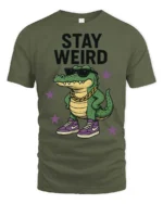 Cool Crocodile Wearing Sneakers Stay Weird Graphic Tee - military green t-shirt on white background