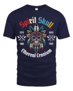 Festive Spirit Skull Native Feather Headdress Tshirt - navy t-shirt on white background