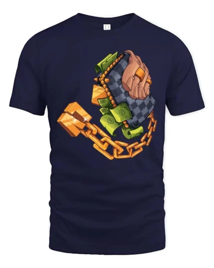 Luxurious Checkered Wallet Stacking Cash Graphic Tshirt - navy t-shirt on white background