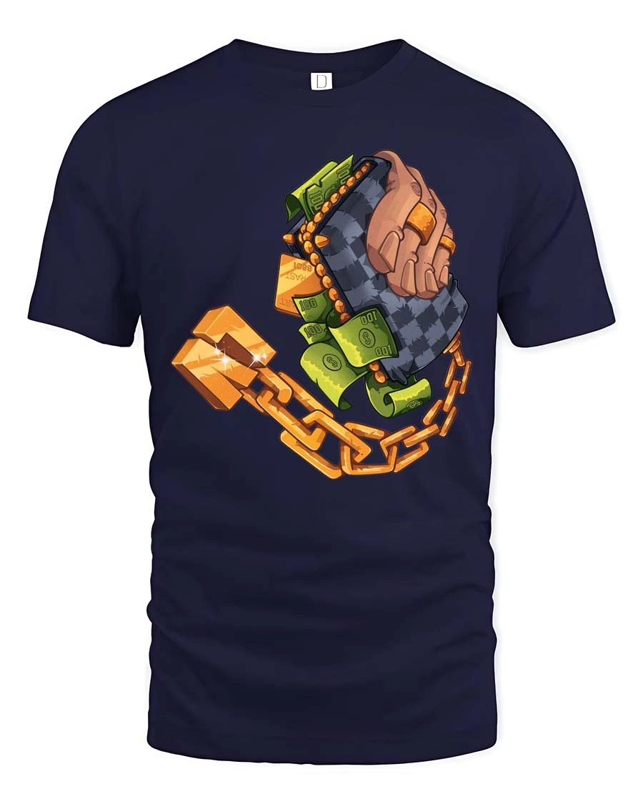Luxurious Checkered Wallet Stacking Cash Graphic Tshirt - 1 Luxurious Checkered Wallet Stacking Cash Graphic Tshirt - navy t-shirt on white background