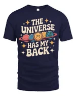 Charming Retro Planet The Universe Has My Back Graphic Tee - navy t-shirt on white background
