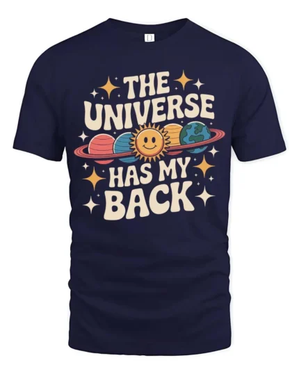 Charming Retro Planet The Universe Has My Back Graphic Tee - navy t-shirt on white background