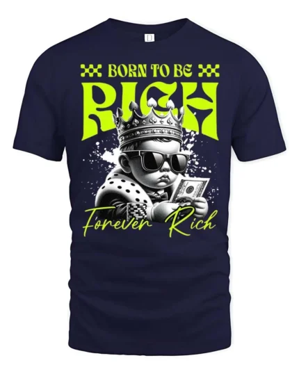 Dazzling Born To Be Rich Crowned Baby Graphic Tshirt - navy t-shirt on white background