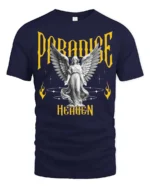 Devine Paradise Heaven Angelic Winged Sculpture Graphic Tee - navy t-shirt on white background