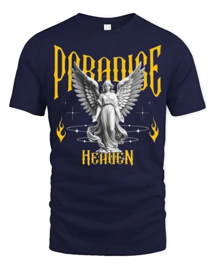 Devine Paradise Heaven Angelic Winged Sculpture Graphic Tee - navy t-shirt on white background