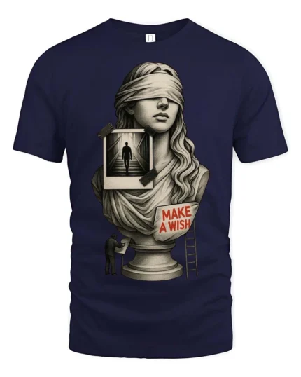 Thoughtful Blindfolded Statue Bust Photo Collage Graphic Tee - navy t-shirt on white background