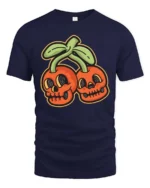 Eccentric Groovy Skull Cherry Halloween Novelty Graphic Tee - navy t-shirt on white background