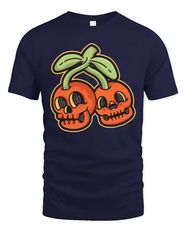 Eccentric Groovy Skull Cherry Halloween Novelty Graphic Tee - navy t-shirt on white background