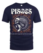 Striking Pisces Skeletal Fish Retro Typography Graphic Tee - navy t-shirt on white background