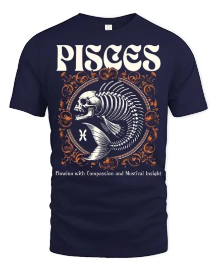 Striking Pisces Skeletal Fish Retro Typography Graphic Tee - navy t-shirt on white background
