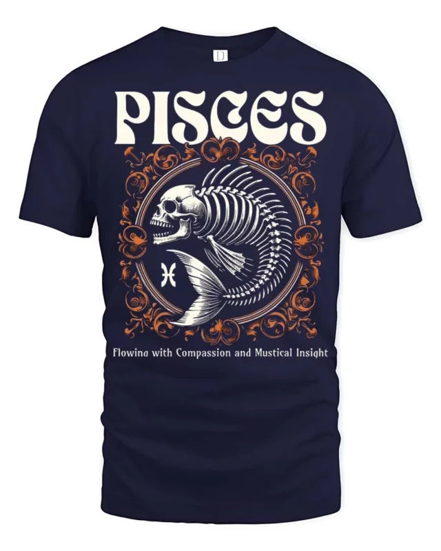 Striking Pisces Skeletal Fish Retro Typography Graphic Tee - navy t-shirt on white background