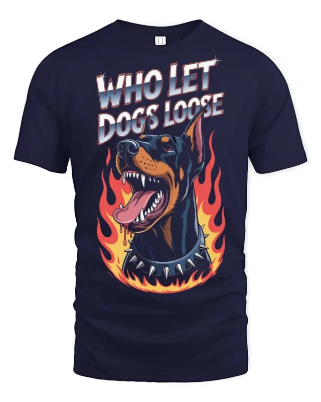 Fierce Who Let Dogs Loose Doberman Flame Graphic Tee - navy t-shirt on white background