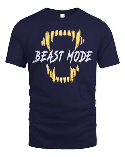Powerful Beast Mode Golden Teeth Monster Graphic Tshirt - navy t-shirt on white background