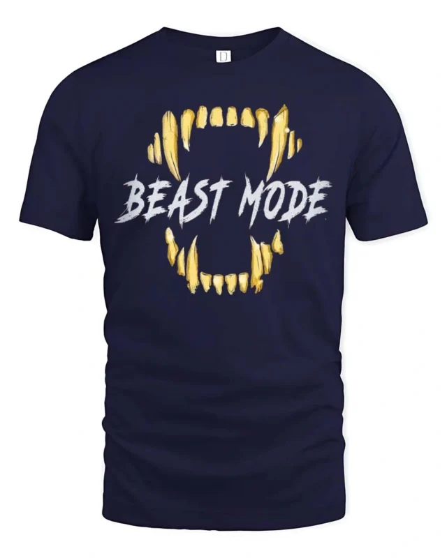Powerful Beast Mode Golden Teeth Monster Graphic Tshirt - navy t-shirt on white background