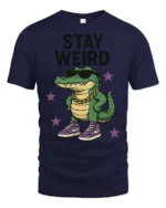 Cool Crocodile Wearing Sneakers Stay Weird Graphic Tee - navy t-shirt on white background