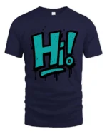 Vibrant Teal Spray Paint Hi Typography Slogan Graphic Tee - navy t-shirt on white background