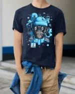 Chilly Snowboarding Ape Winter Resort Sports Graphic Tee - model wearing navy tee with hands in pockets