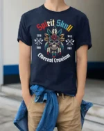 Festive Spirit Skull Native Feather Headdress Tshirt - model wearing navy tee with hands in pockets