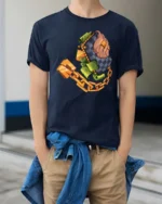 Luxurious Checkered Wallet Stacking Cash Graphic Tshirt - model wearing navy tee with hands in pockets