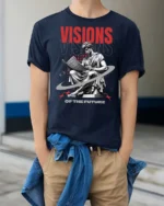 Vintage Renaissance Statue Reading Newspaper Soft Tshirt - model wearing navy tee with hands in pockets