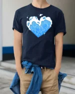 Gentle Marine Water Current Heart Shape Soft Tshirt - model wearing navy tee with hands in pockets