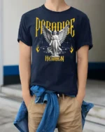 Devine Paradise Heaven Angelic Winged Sculpture Graphic Tee - model wearing navy tee with hands in pockets