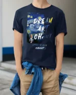 Marvelous Vincent Van Gogh Starry Night Painter Graphic Tee - model wearing navy tee with hands in pockets