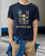 Radiant Spirit Divine Splashing Liquid Graphic Tshirt - model wearing navy tee with hands in pockets