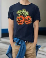 Eccentric Groovy Skull Cherry Halloween Novelty Graphic Tee - model wearing navy tee with hands in pockets