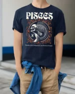 Striking Pisces Skeletal Fish Retro Typography Graphic Tee - model wearing navy tee with hands in pockets