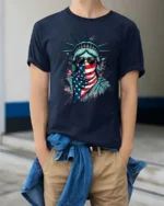 Radical Statue Of Liberty American Flag Bandana Tshirt - model wearing navy tee with hands in pockets