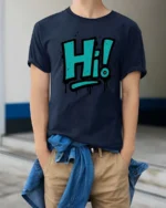 Vibrant Teal Spray Paint Hi Typography Slogan Graphic Tee - model wearing navy tee with hands in pockets