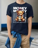 Adorable Teddy Bear Priceless Love Limitless Wealth Tee - model wearing navy tee with hands in pockets
