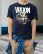 Profound Classical Thinker Vision Globe Graphic Tshirt - model wearing navy tee with hands in pockets