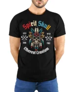 Festive Spirit Skull Native Feather Headdress Tshirt - model wearing black tee with hands behind back
