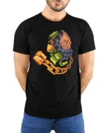 Luxurious Checkered Wallet Stacking Cash Graphic Tshirt - model wearing black tee with hands behind back