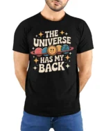 Charming Retro Planet The Universe Has My Back Graphic Tee - model wearing black tee with hands behind back