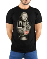 Thoughtful Blindfolded Statue Bust Photo Collage Graphic Tee - model wearing black tee with hands behind back